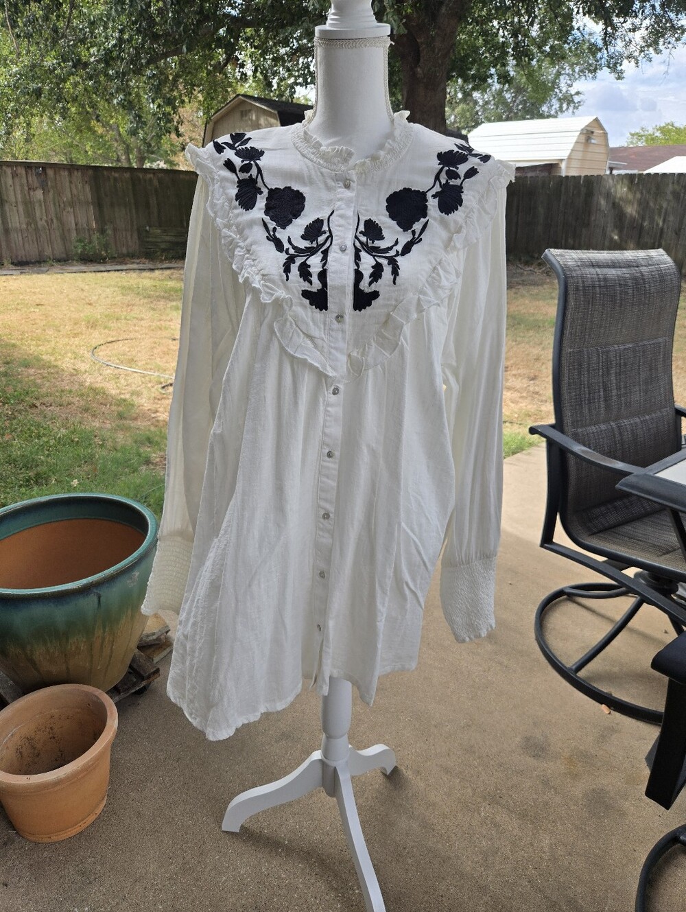 Free People White Button-Down Blouse with Black Floral Yoke
